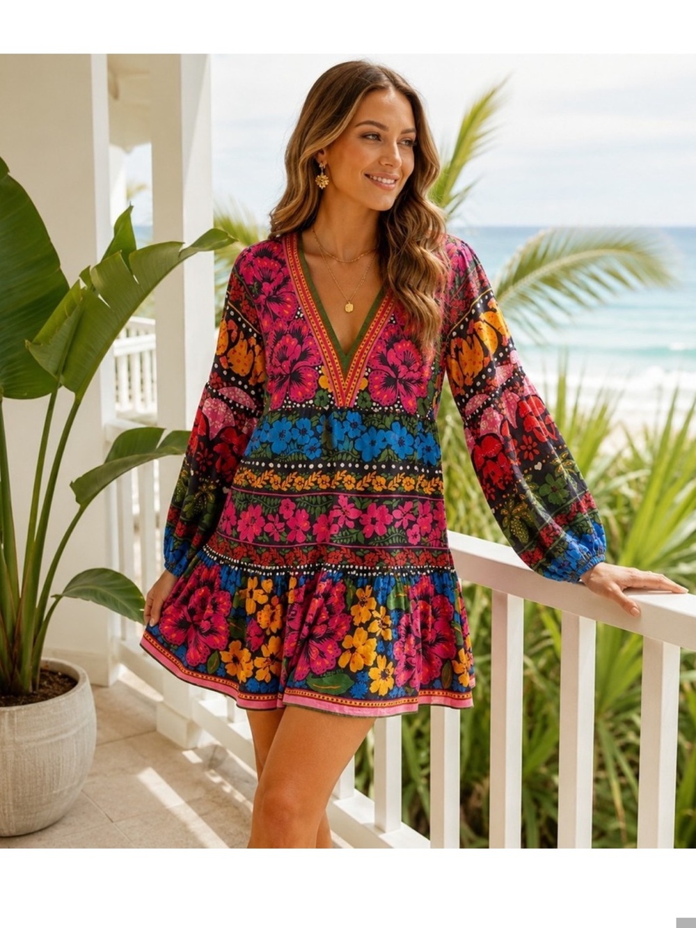 FARM Rio Anthropologie S Floral Tiered Mini Dress Puff Sleeve Tropical Boho $190